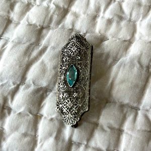 Silver or white gold bead set filigree aquamarine pin brooch